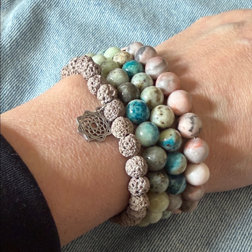 Beaded Multicolor Gemstone and Lava Stone Bracelet Stack